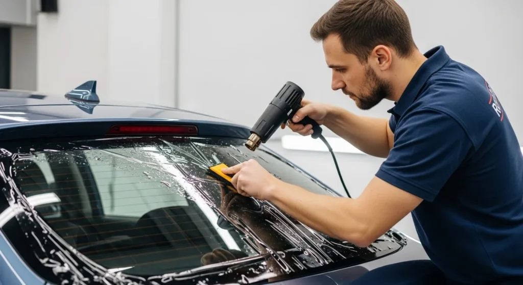 applying window tint to the rear window